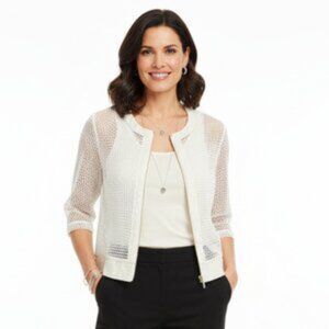 Lena Gabrielle White Sheer Netted Faux Leather Zip Up Cutout Accents Jacket 10